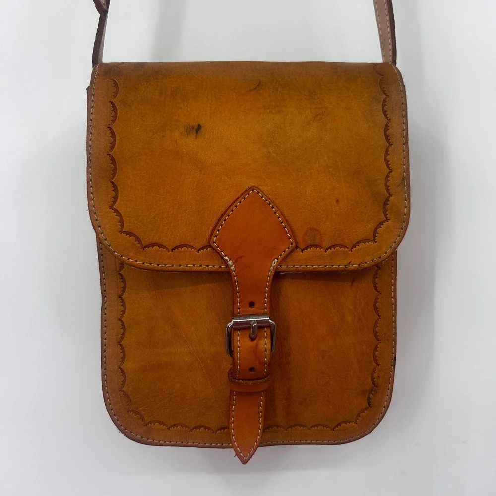 Hand Tooled‎ Leather Crossbody Messenger Bag Rustic Boho Vintage Style